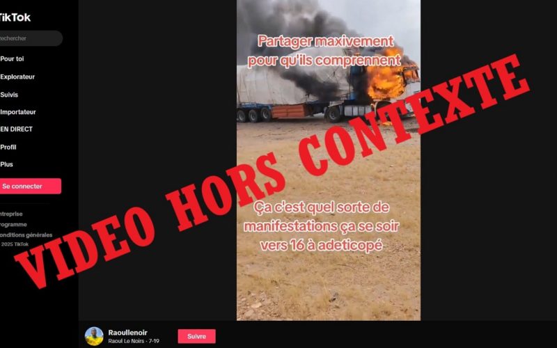 Cette vidéo ne montre pas un camion incendié lors des manifestations annoncées en juillet 2025 au Togo