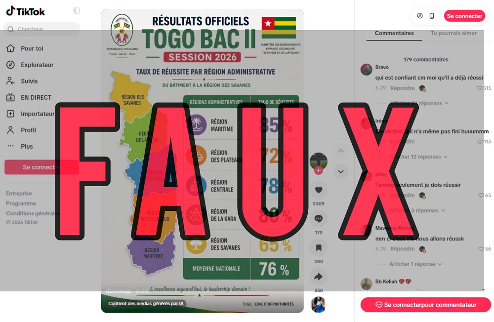 Ce visuel présentant les résultats officiels du BAC II 2026 au Togo est trompeur 